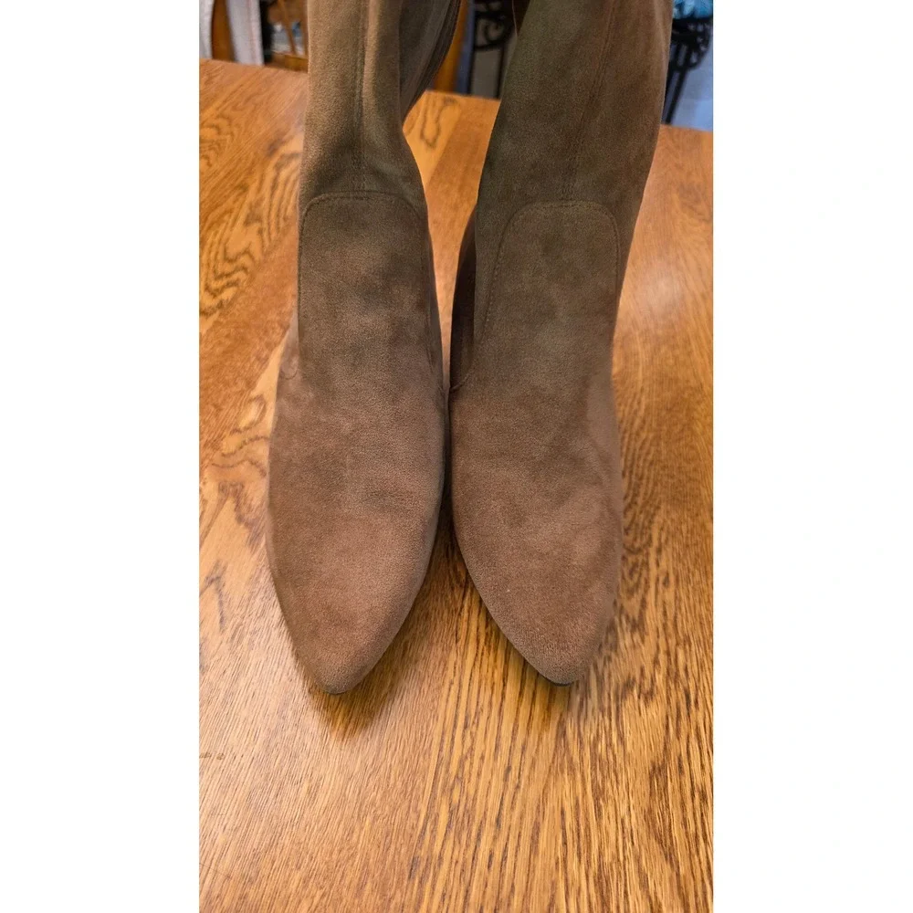 Womens Sz 40 Brown Faux Suede Over The Knee Block Heel Pointed Toe Zip Boots